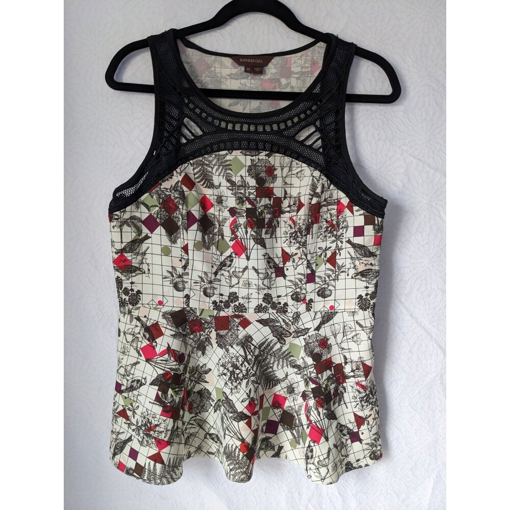 ANTHROPOLOGIE Ranna Gill Dahlia Peplum Mesh Trim Tank Top Bird Print M